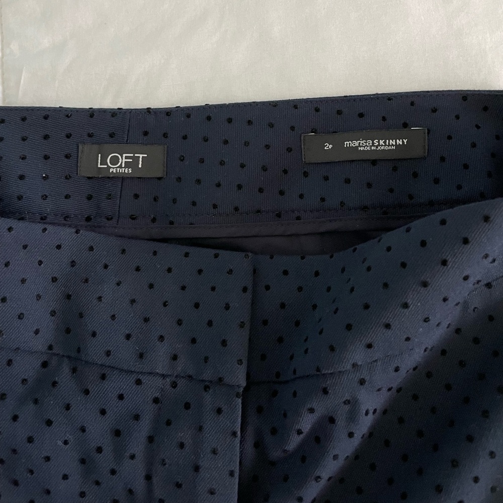Loft Marissa Skinny ankle - navy pants with black velvet dot. 2 petite
